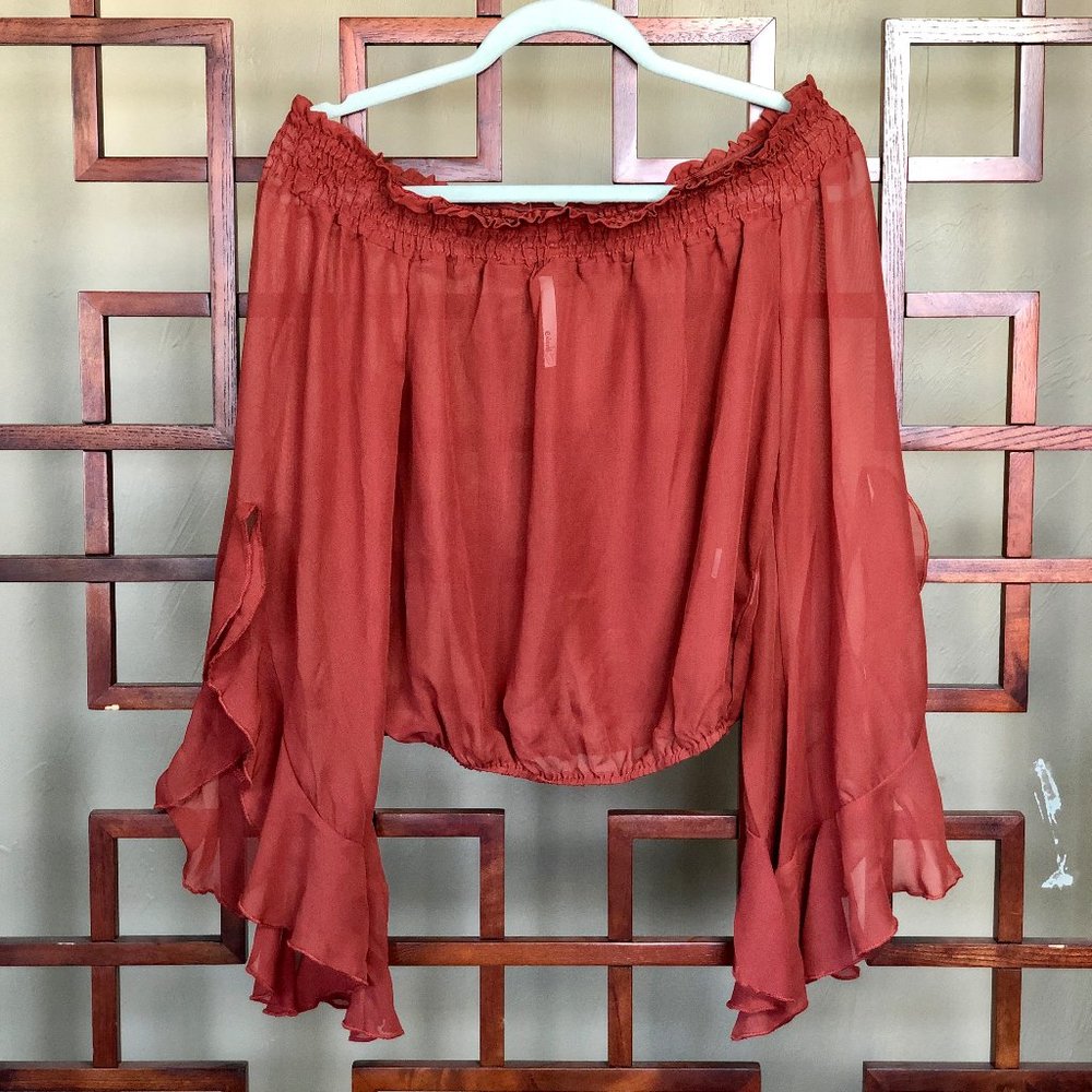 Burnt Orange Ruffled off the shoulder crop